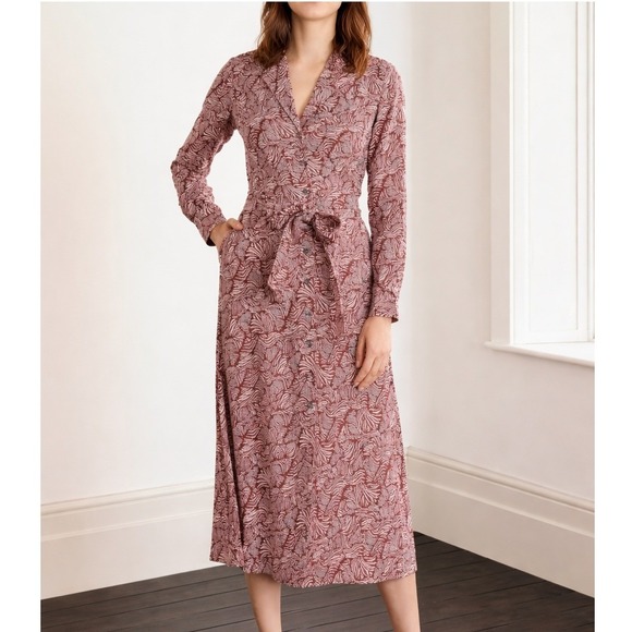Boden Dresses & Skirts - Boden Ottilie Shirt Dress Size 6 Maroon White Wave Print Midi Long Sleeve Belted